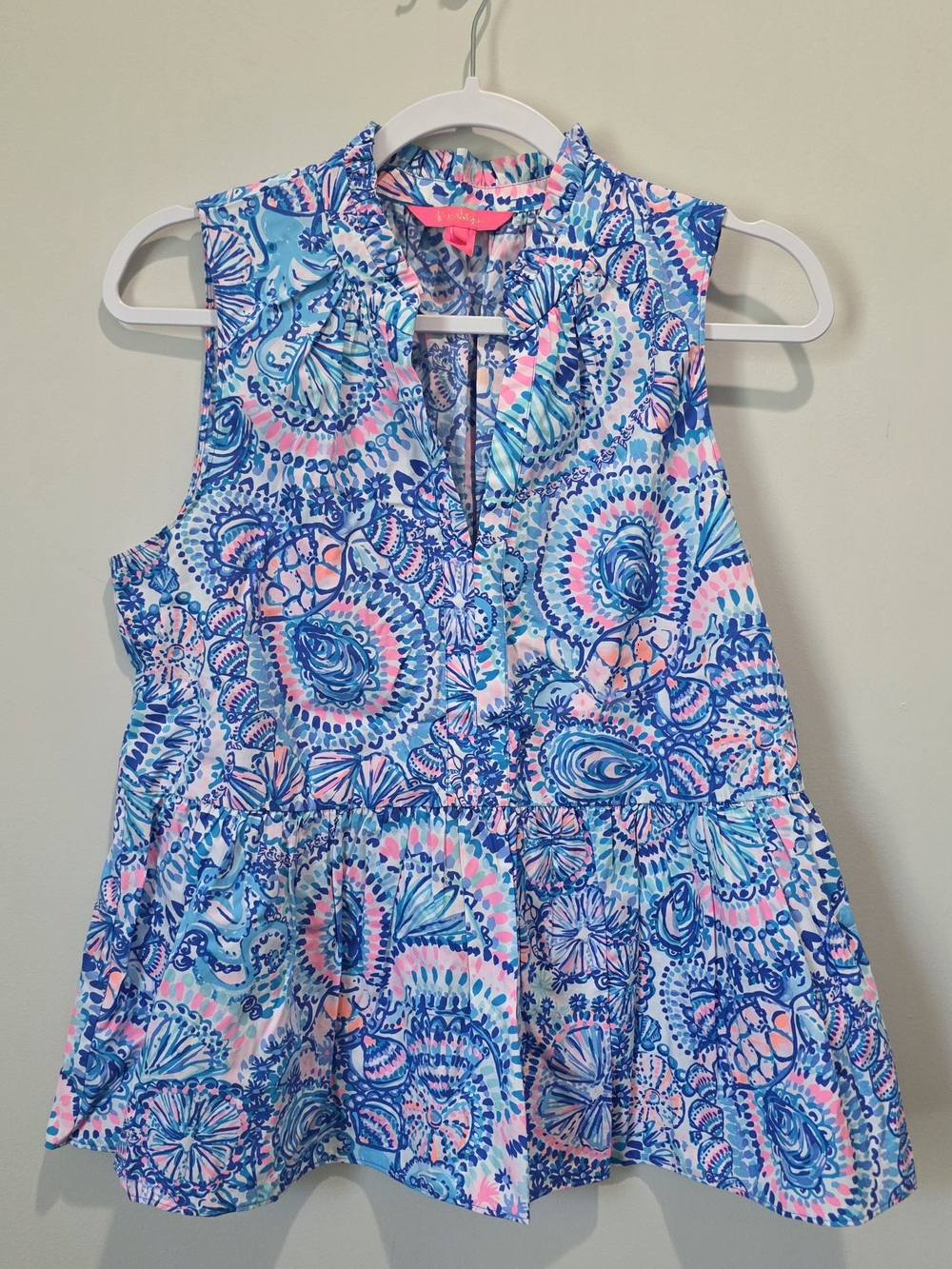 Lilly Pulitzer Novella Ruffle Hem Top Blue Grotto Commotion in the Ocean